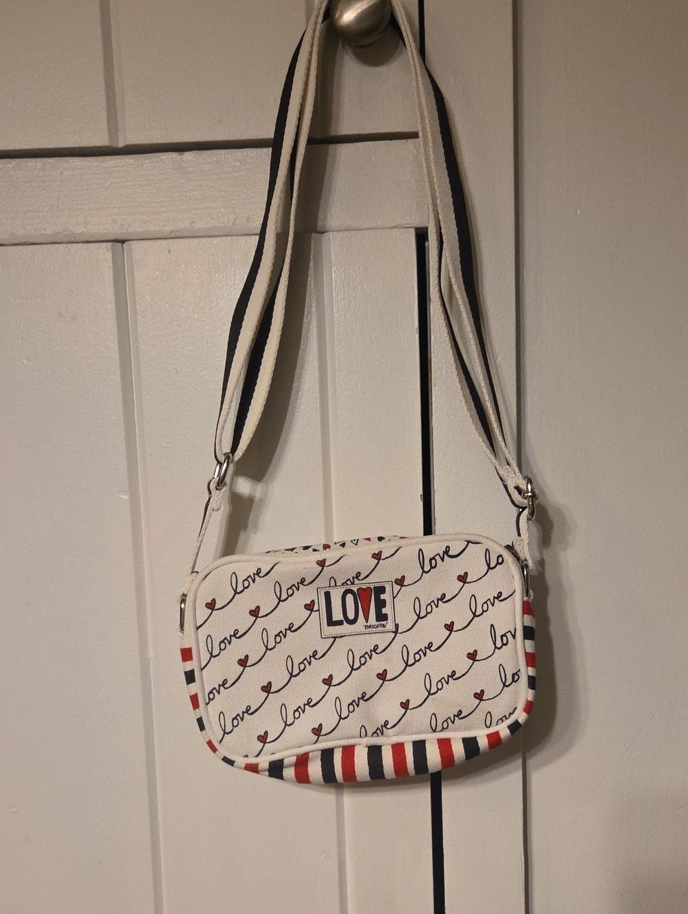 Brighton White "Love" Script Crossbody with Navy and Red Trim